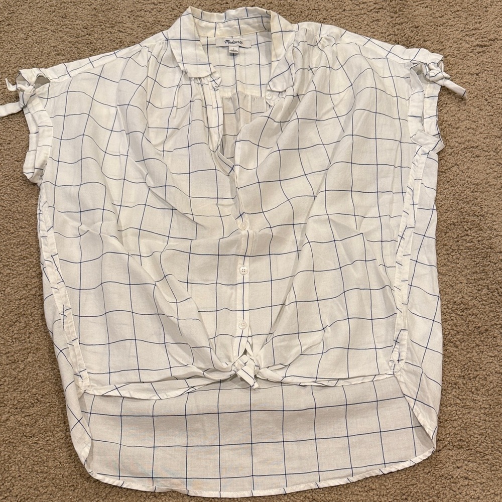 Madewell White Button-Front Windowpane Tie Hem Top